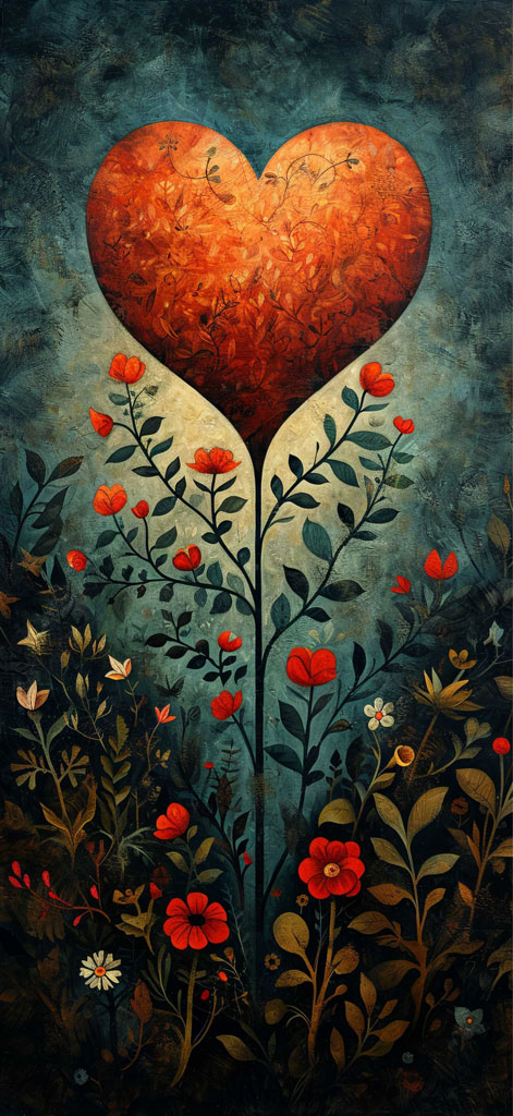 Heart-shaped floral artwork with red flowers and green leaves