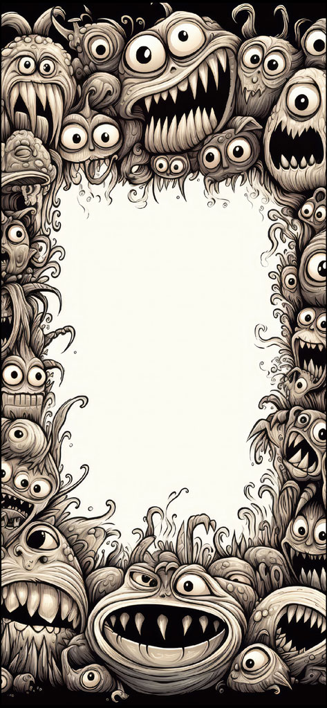 A black and white illustration of a frame made up of various monstrous creatures.