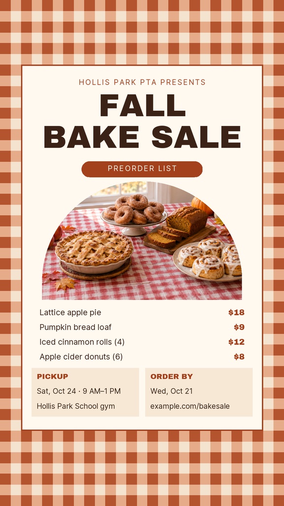 Fall bake sale preorder list story with pies, bread, cinnamon rolls, and apple cider donuts on a plaid background.