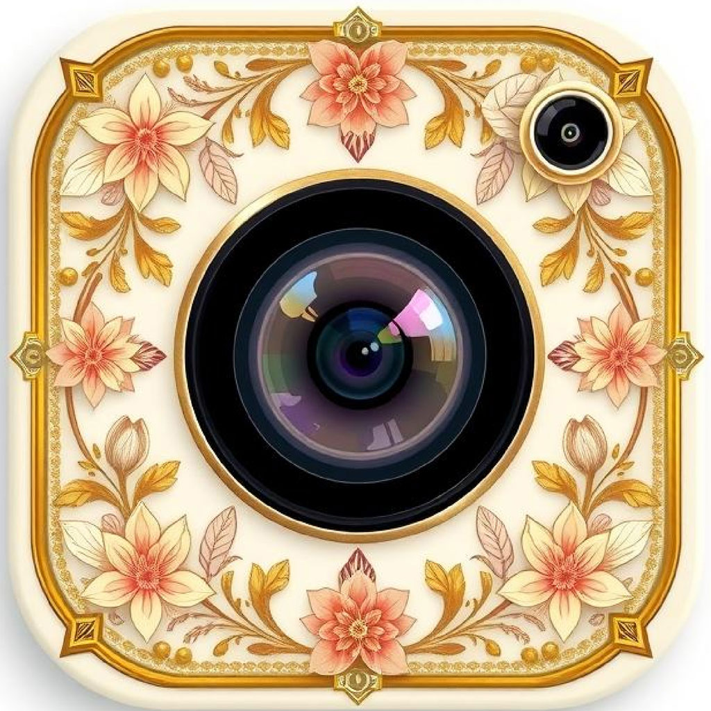 An ornate camera with a floral design and gold trim.