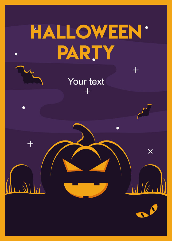 Halloween party invitation template with a jack-o-lantern and bats