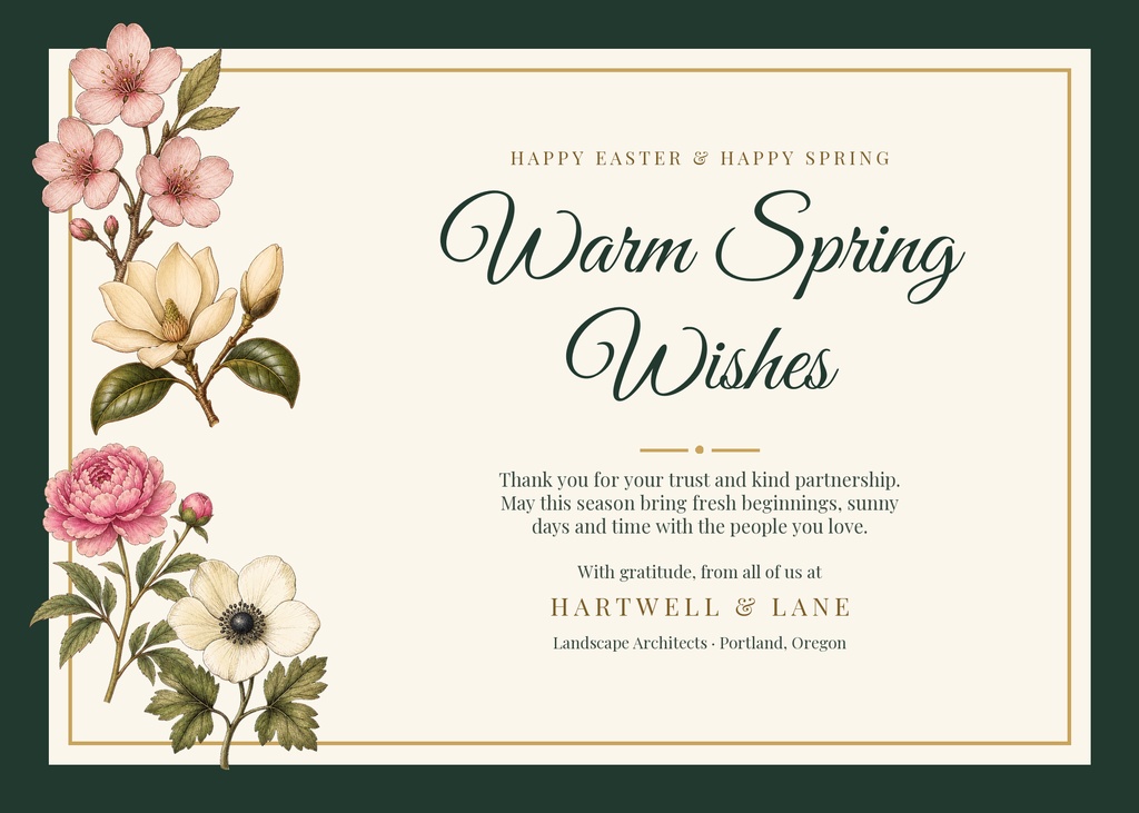 Landscape greeting card with floral border and warm spring wishes message.