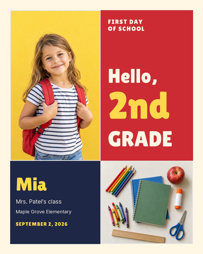 Portrait school post with a smiling girl, bold Hello 2nd Grade text, and school supplies.