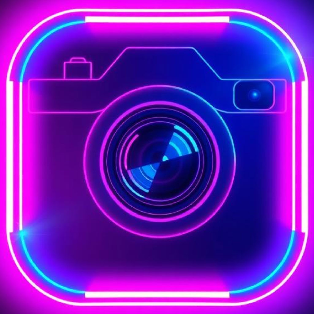 Neon camera icon with purple and blue neon lights