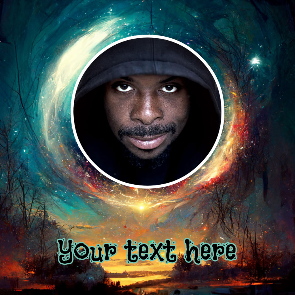 A man in a hoodie within a circular frame, against a cosmic background