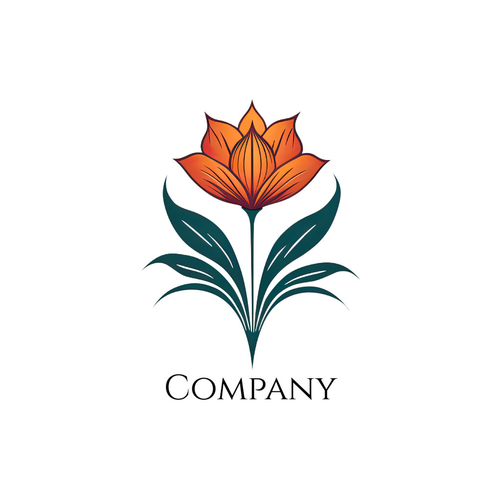 Stylized orange tulip with green leaves and 'company' text