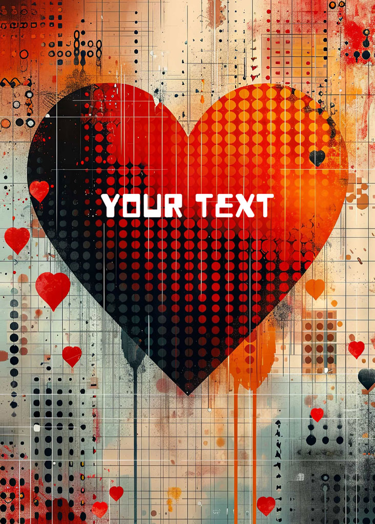 A heart-shaped design with a grid pattern and small hearts in red, orange, and black colors.