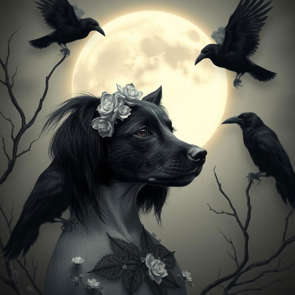 Twin sisters with dark hair and gothic attire standing before a full moon with ravens flying around them