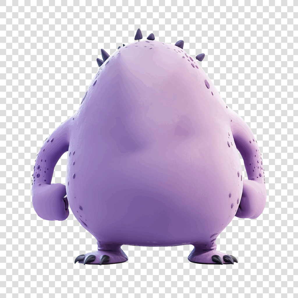 Back view of a purple monster figurine with spikes on its head and claws on its feet.