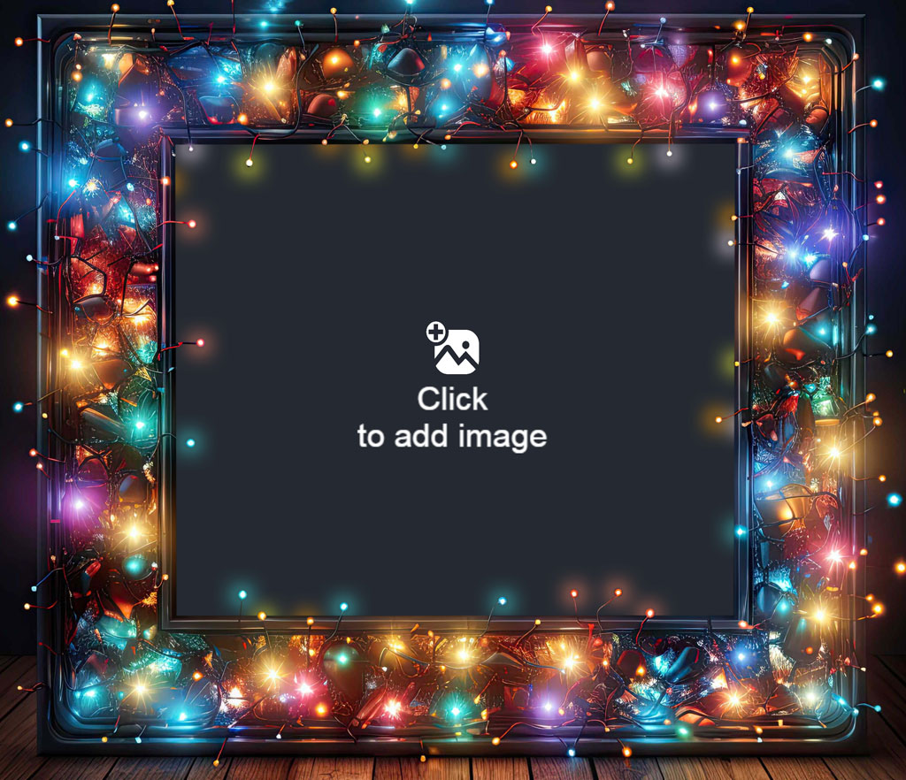 Family of four smiling together in a photo frame decorated with Christmas lights