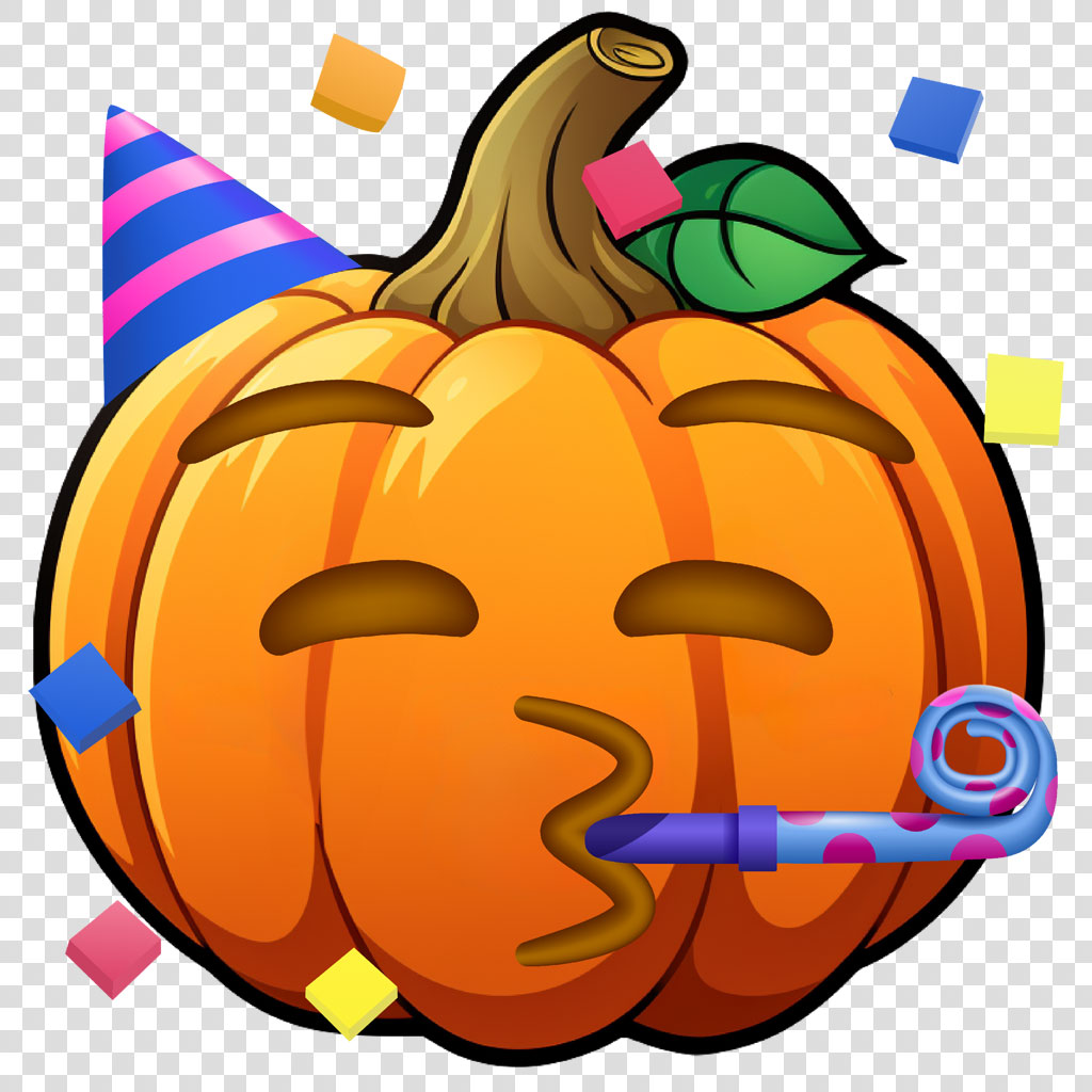 A cartoon pumpkin with a party hat and horn surrounded by confetti