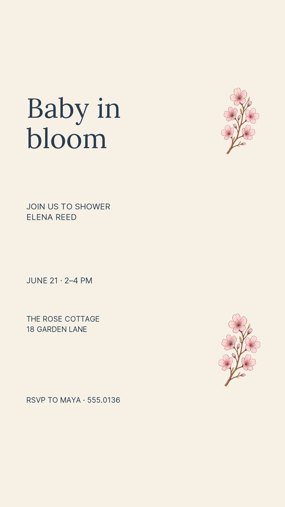 Portrait baby shower invitation with cream background, pink floral accents, and event details