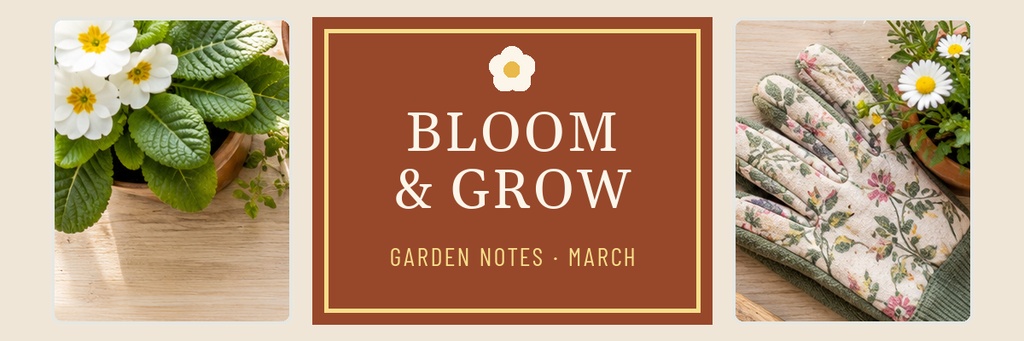 Garden-themed header with flowers, leaves, and a central Bloom & Grow title panel