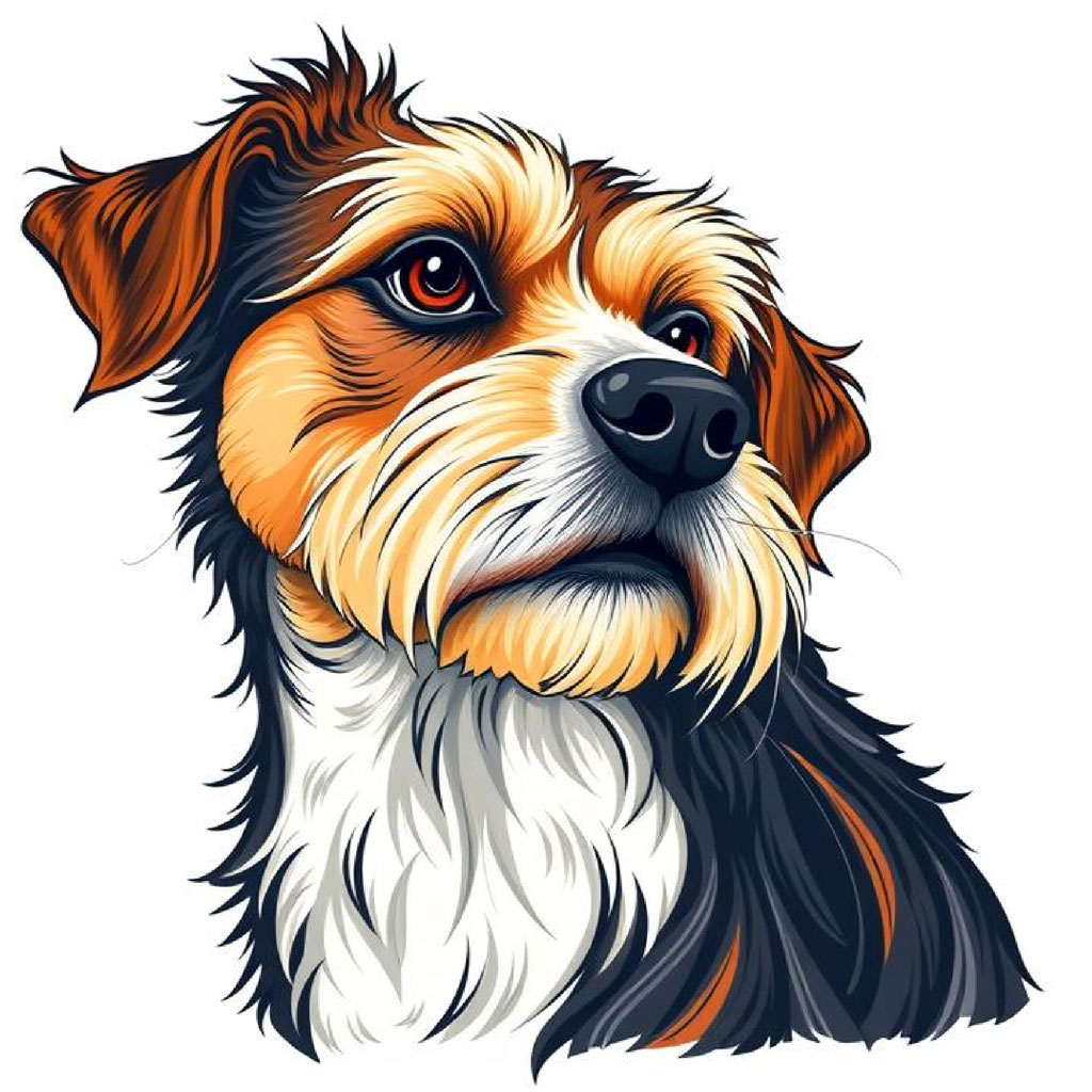 Illustration of a terrier dog's head with brown, white, and black fur