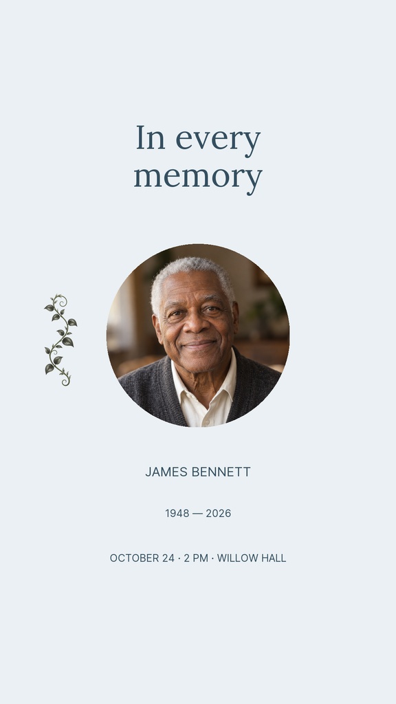 Minimal memorial story template with a portrait photo, delicate floral accent, and remembrance text.