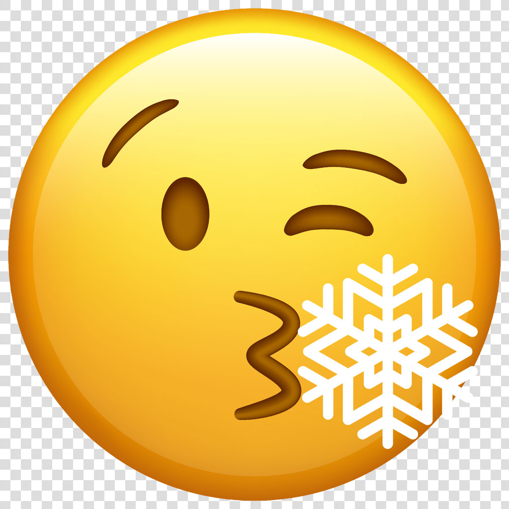 A yellow emoji face with a frozen cheek and snowflake on a white background.