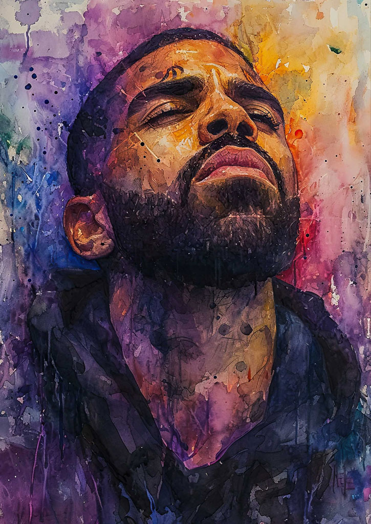 Watercolor portrait of a man with closed eyes against a multicolored background