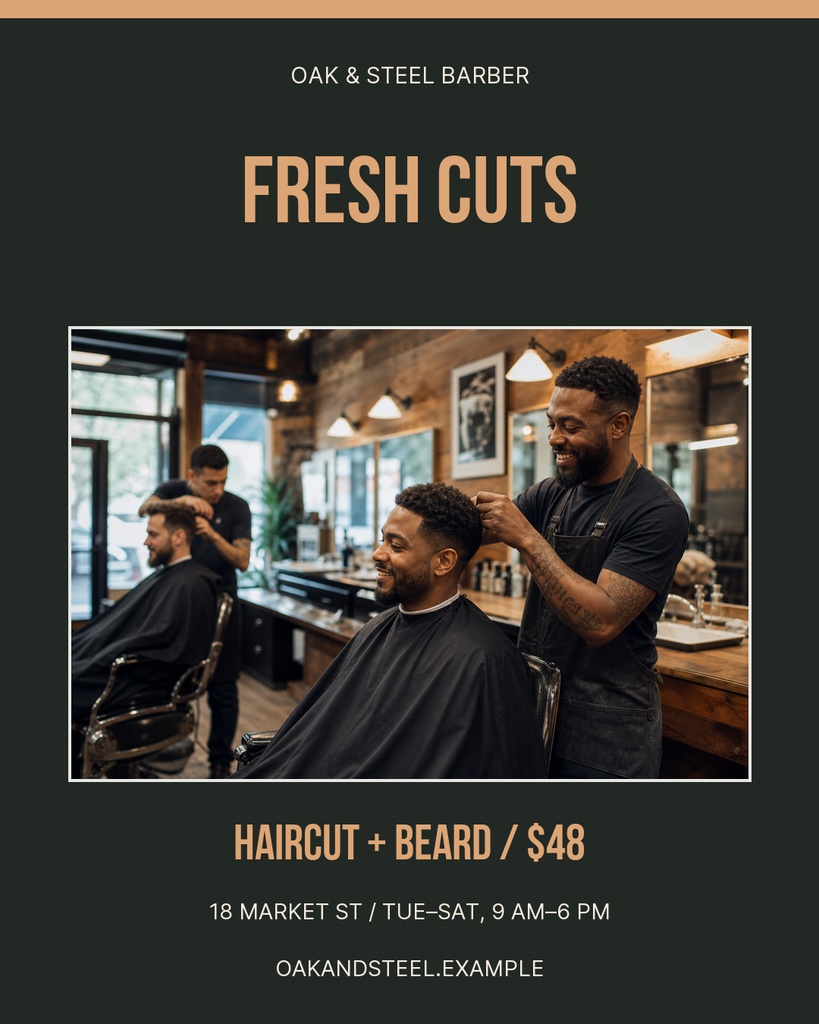 Barber shop portrait post with haircut price, hours, and a barbershop interior photo