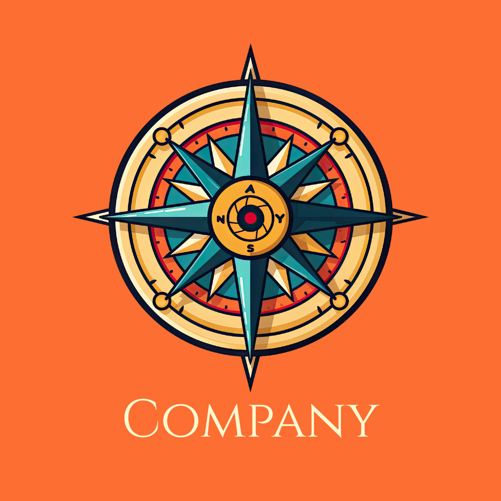 Stylized compass logo with a vibrant orange background