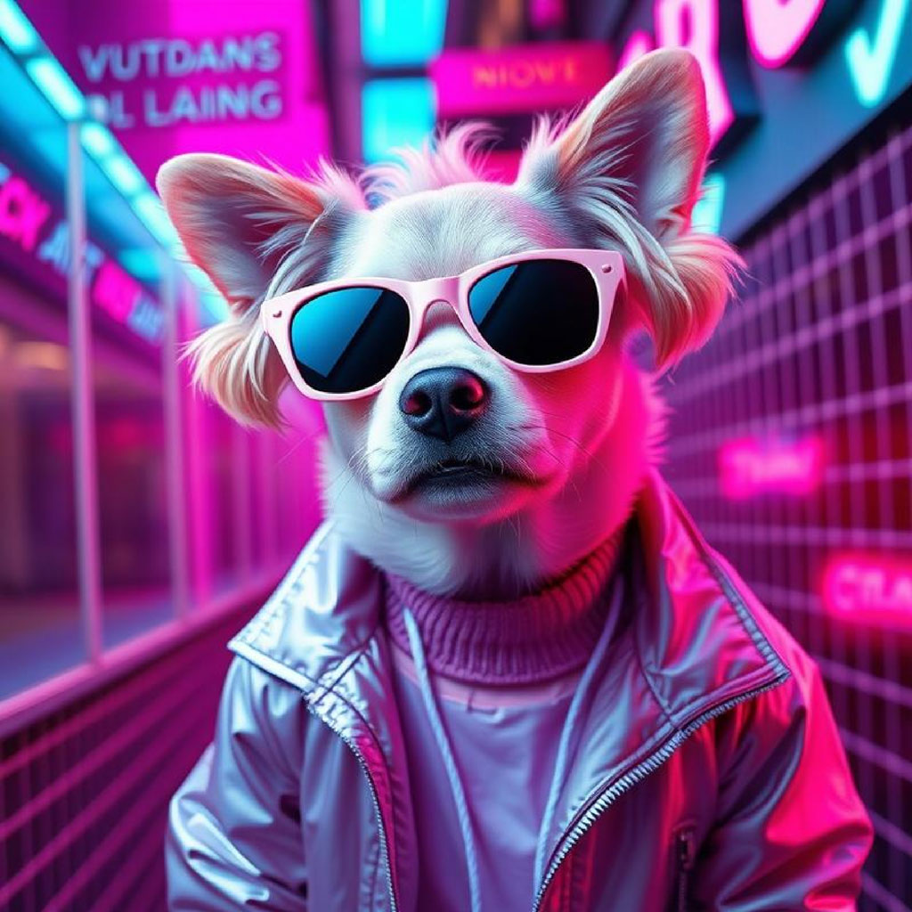 Woman in metallic jacket and sunglasses standing in a neon-lit city street