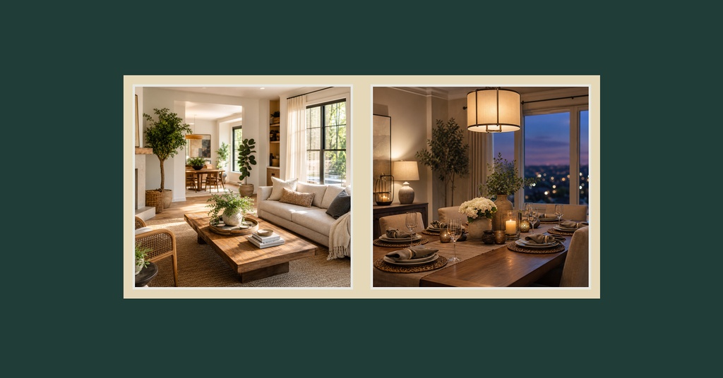 Two side-by-side home interior photos in a landscape cover layout.