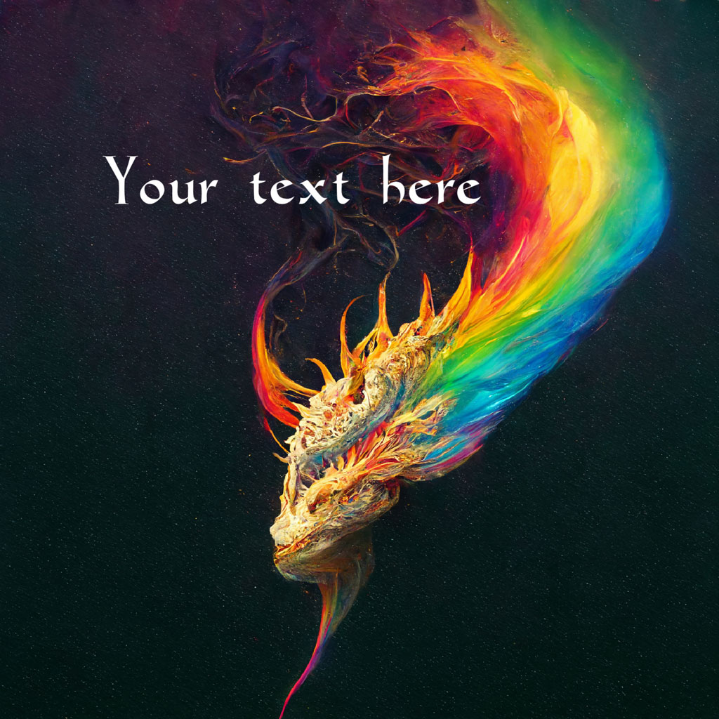 A dragon's head with a rainbow flame