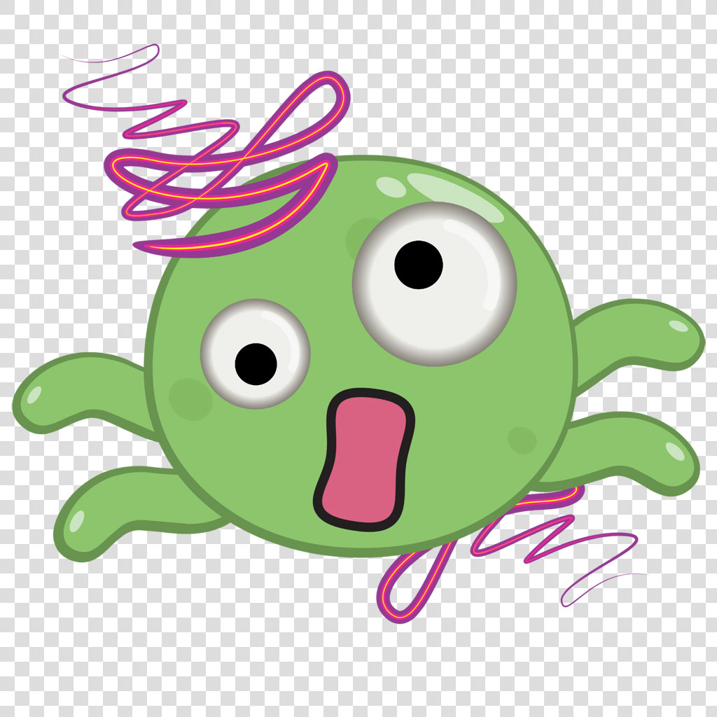 A green cartoon germ with a surprised face and pink swirls.