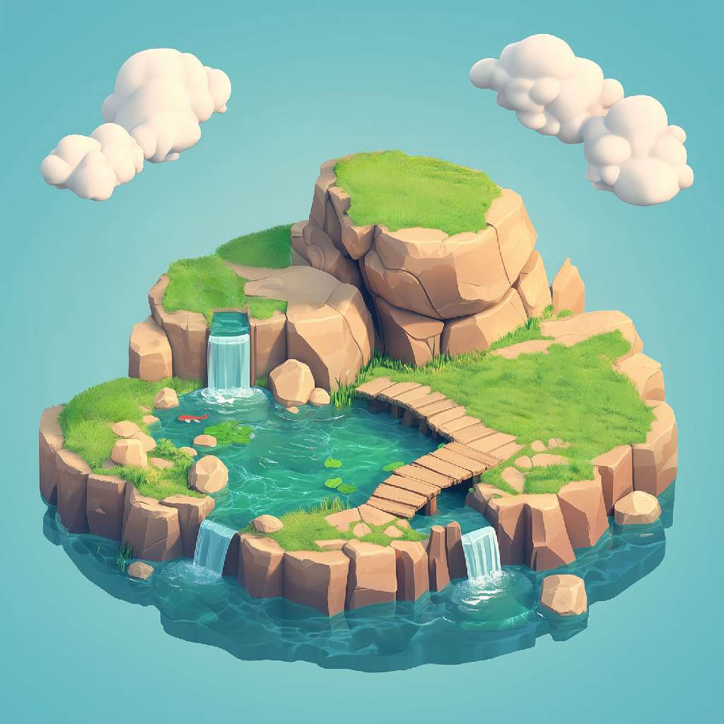 A 3D illustration of a peaceful island with a lake and waterfalls