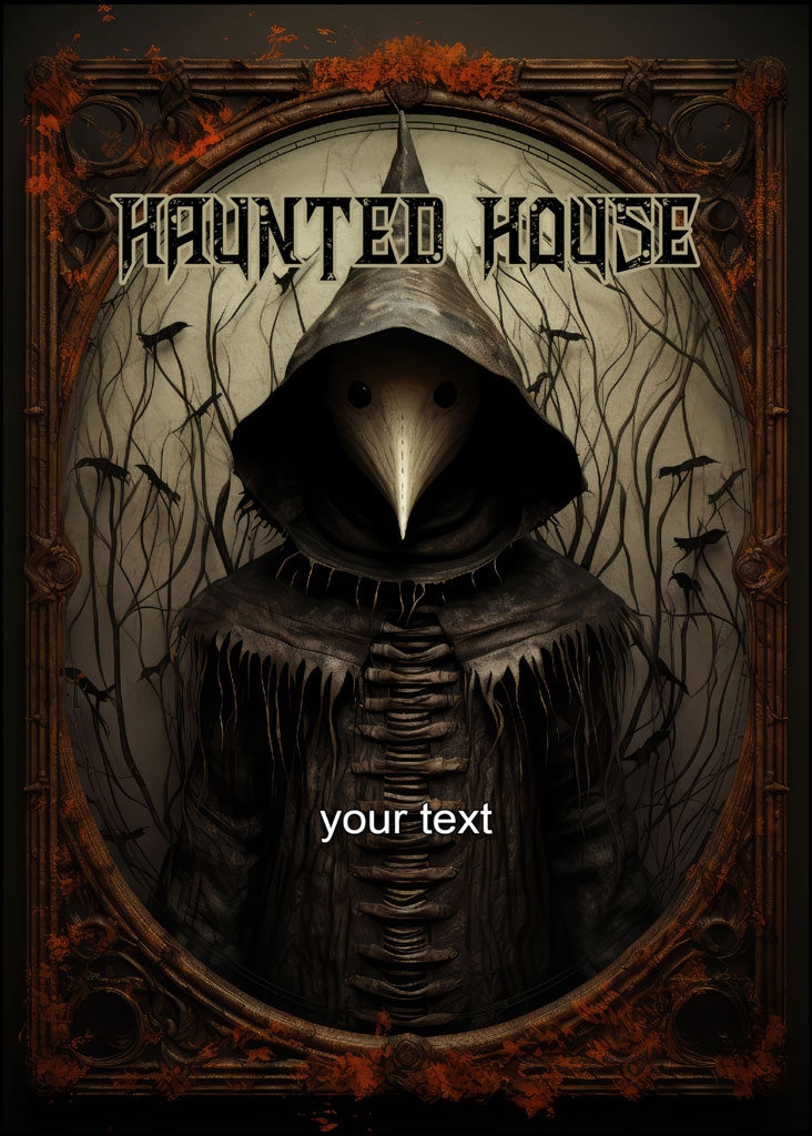 Haunted house design with a plague doctor in a hooded cloak and bird-like mask.