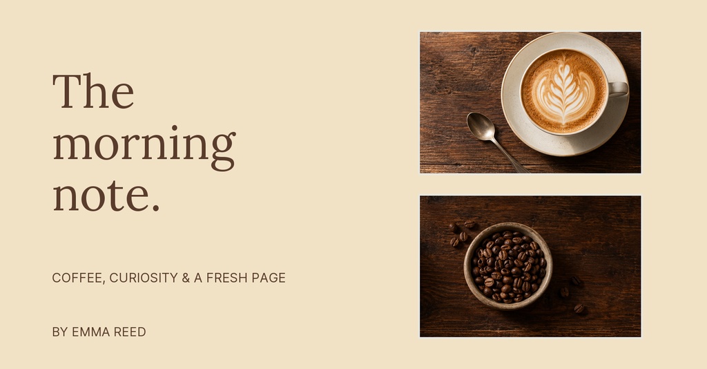 Coffee cup and coffee beans on a beige landscape cover with the title The morning note.