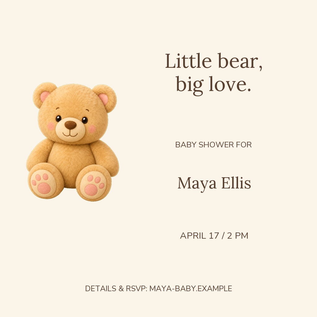 Cute teddy bear on a neutral baby shower square post with event text and details