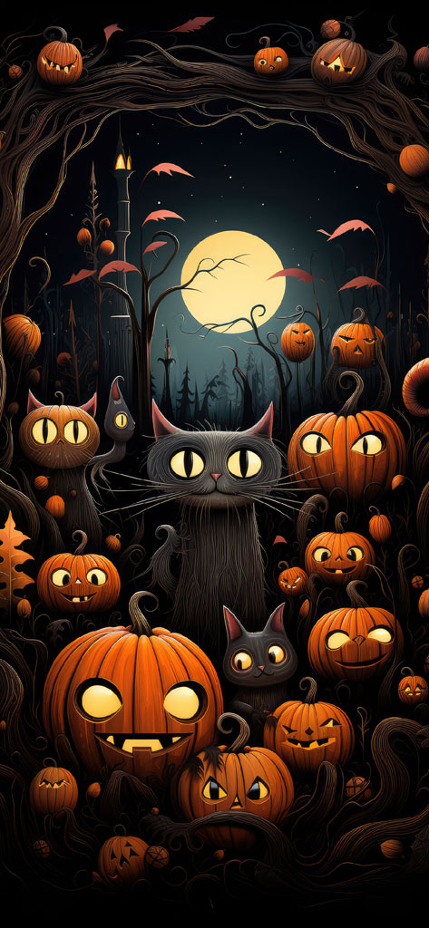Halloween illustration with cats and pumpkins in a dark forest