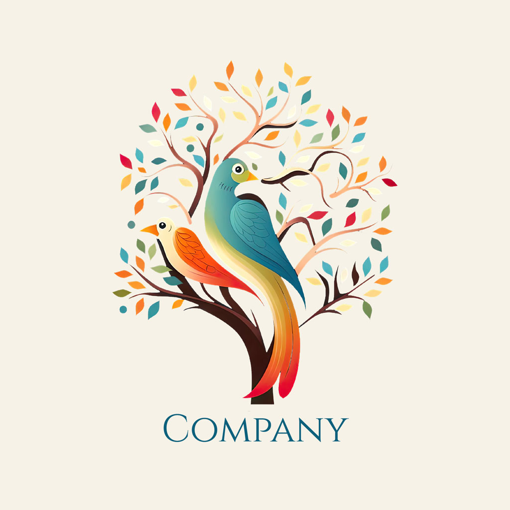 Logo with two birds perched on a tree branch surrounded by colorful leaves