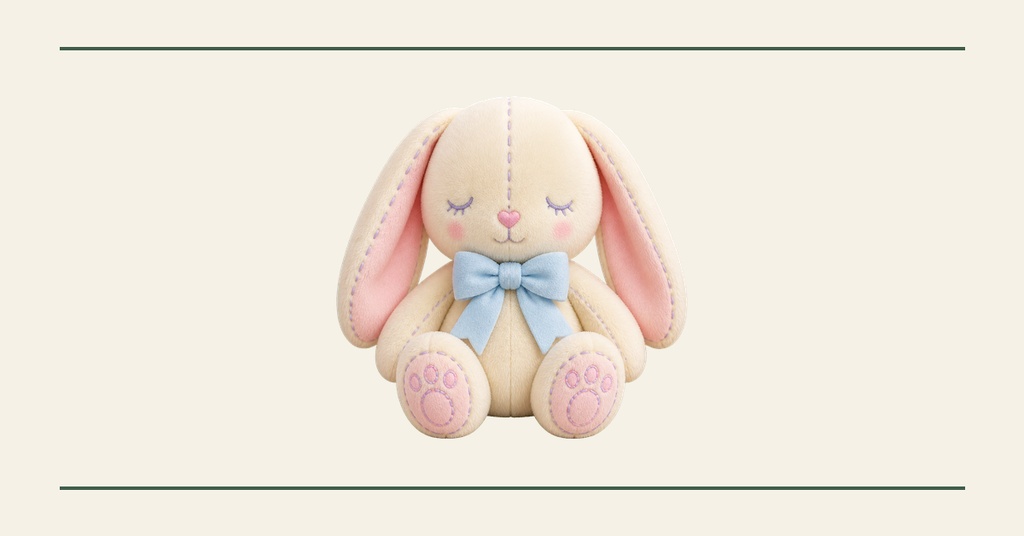 Pastel bunny sitting centered on a cream background with thin green border lines.