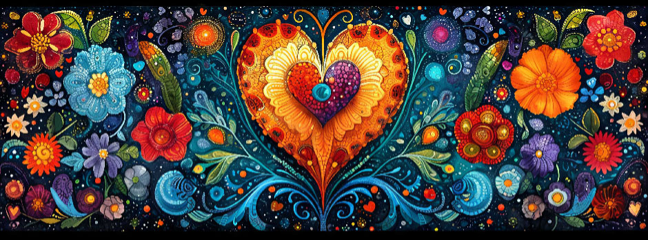 A stylized heart shape with a floral pattern, surrounded by various colorful flowers and leaves.
