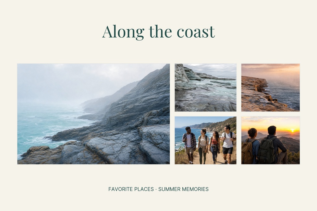 Landscape collage with coastal cliffs, shoreline photos, and a small group at sunset