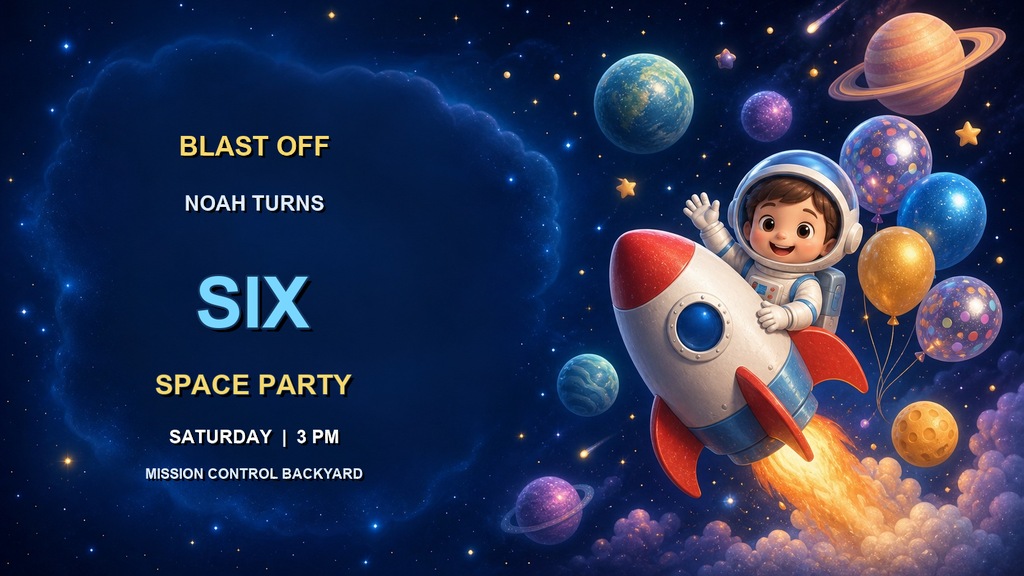 Space birthday invitation with a rocket, planets, and an astronaut beside bold party text