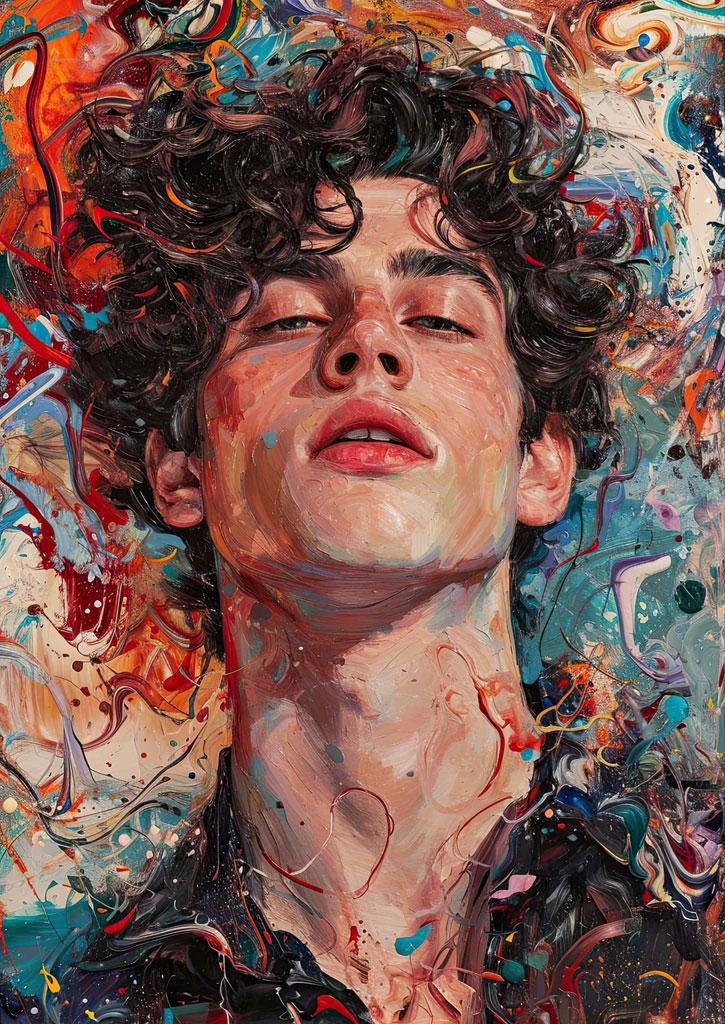 A young man with curly hair and eyes closed, surrounded by a swirling mix of red, blue, and orange paint.