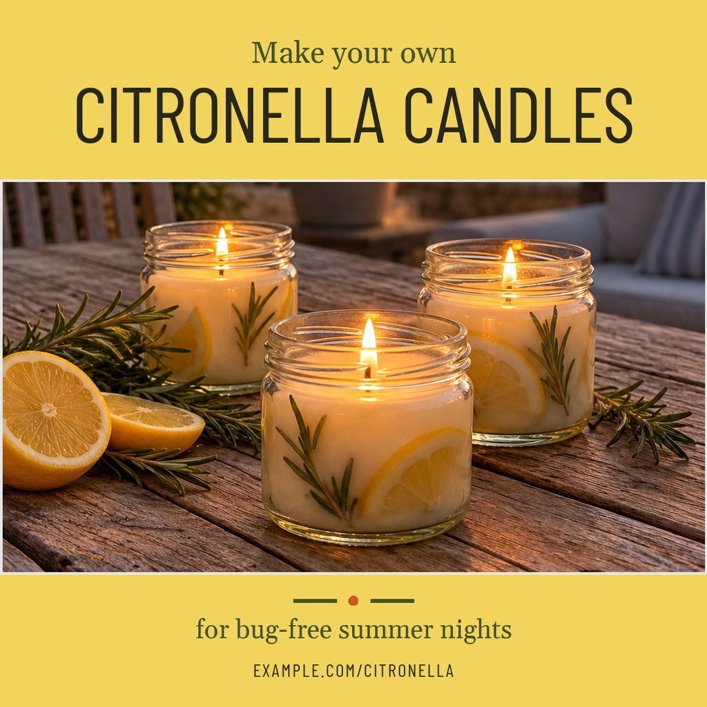 Three lit citronella candles in glass jars with lemon slices and rosemary on a wooden table.