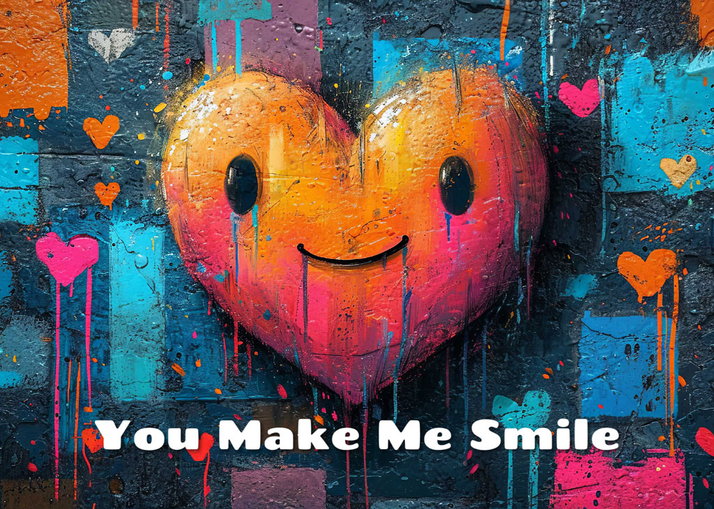 Colorful graffiti of a smiling heart on a wall with 'You Make Me Smile' text
