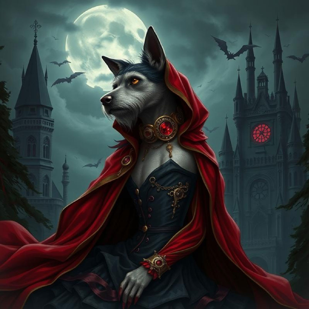 A man and woman dressed in dark attire embracing in front of a gothic castle with a full moon in the background.