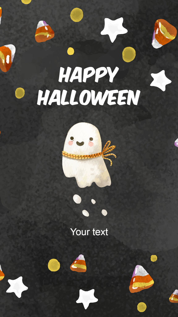 A cartoon ghost with a friendly face and a yellow scarf, floating amidst Halloween-themed decorations.