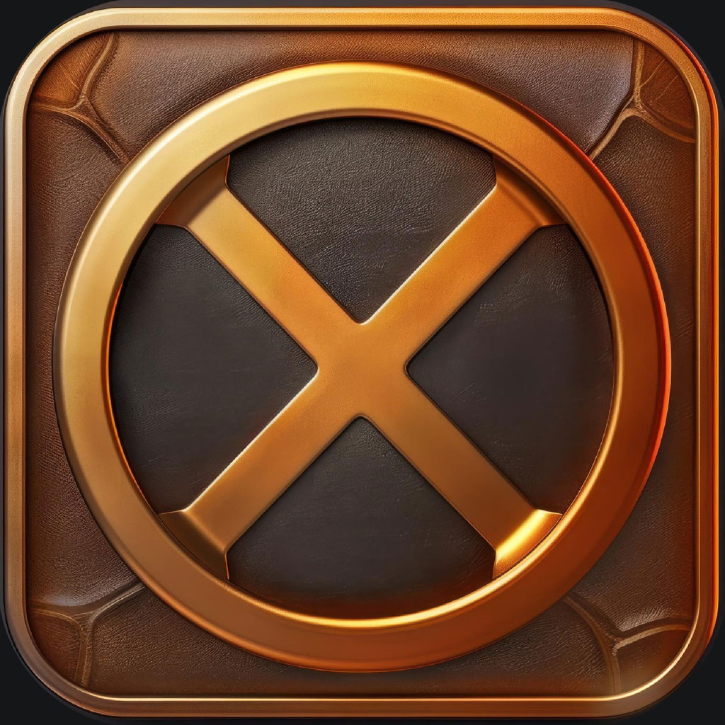 Golden X logo on a brown leather textured square with rounded corners