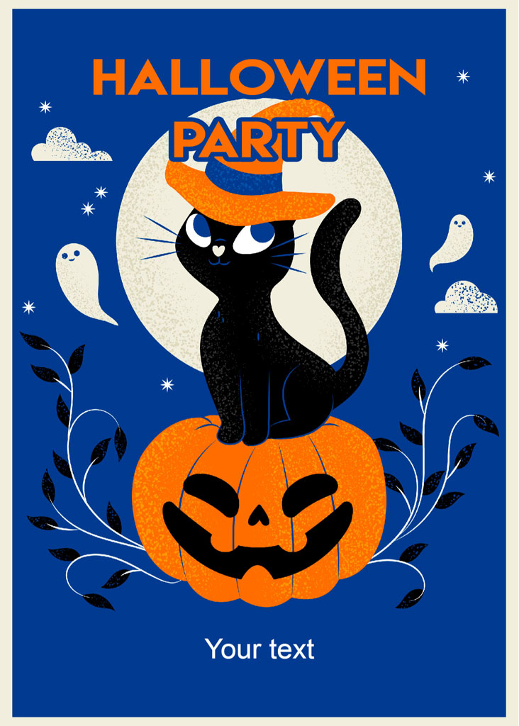 Halloween party invitation with black cat and pumpkin