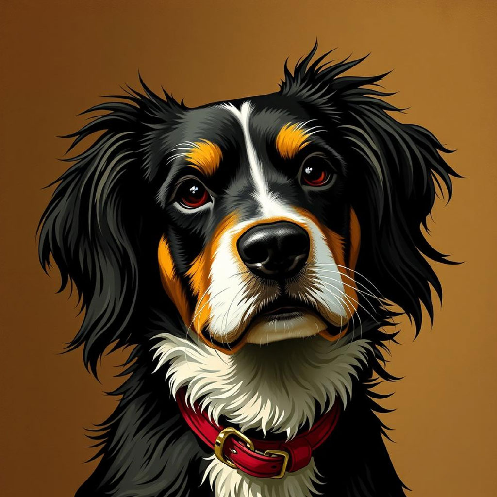 A stylized portrait of a bearded man with a vibrant, abstract background.