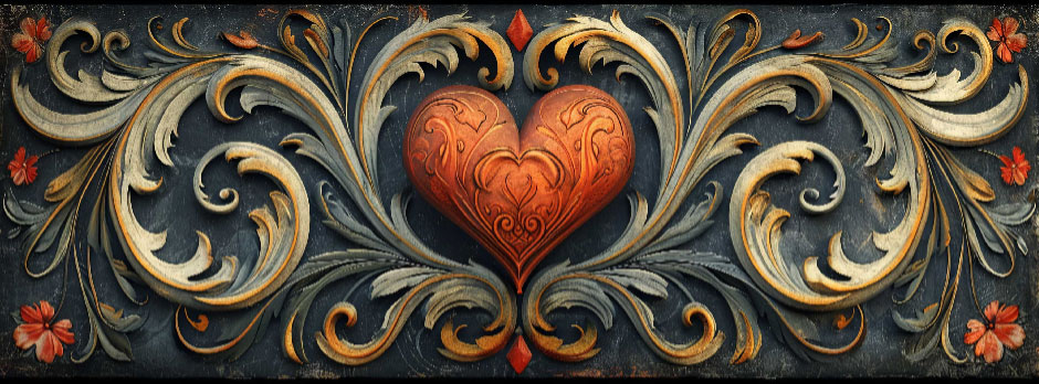 An ornate heart design with a red heart at its center, surrounded by gold and silver swirling patterns and small red flowers.