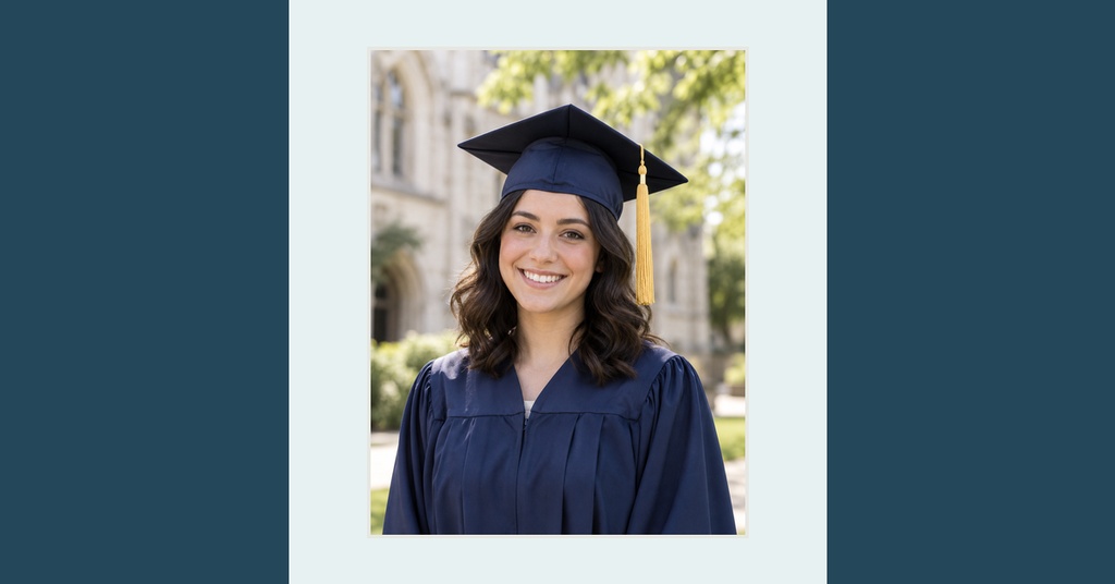 Smiling graduate in a navy cap and gown standing outdoors in a portrait frame.