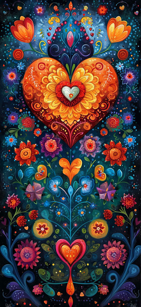 A colorful painting of a heart surrounded by flowers and foliage