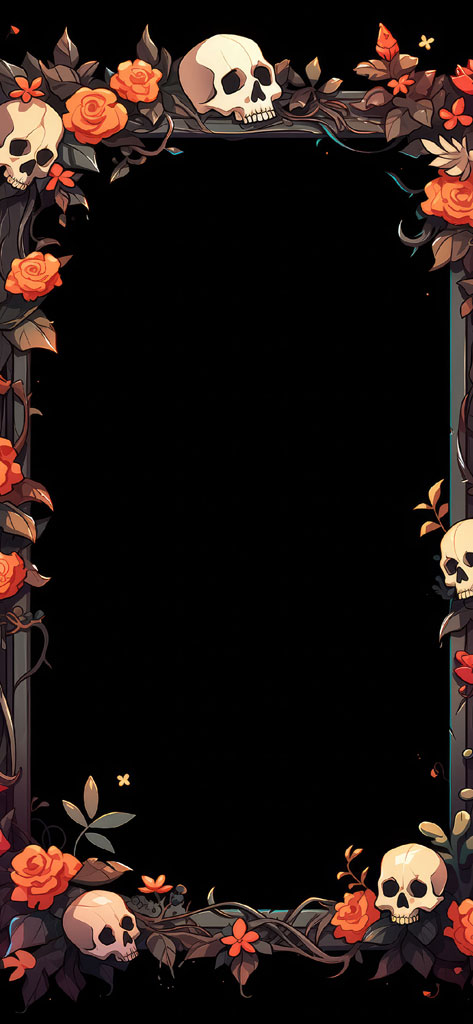 A black frame decorated with skulls and orange roses