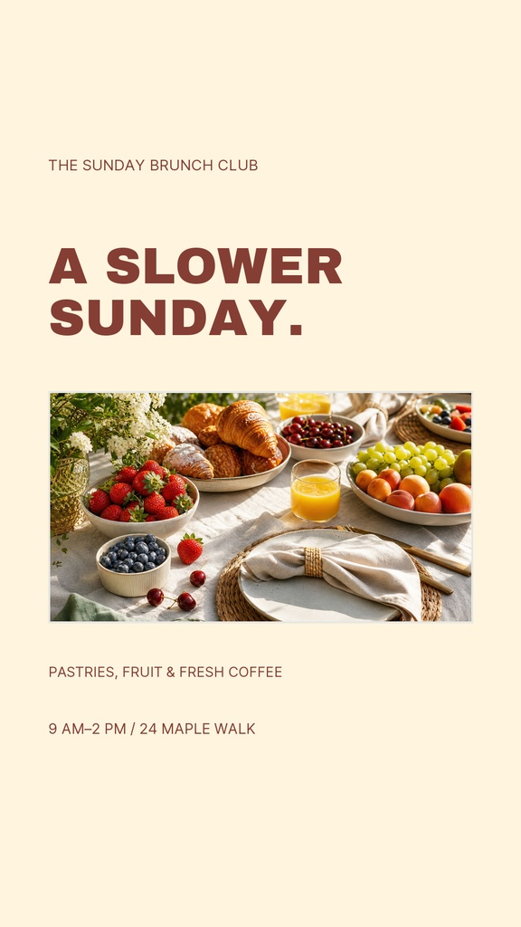 Cream-colored Instagram story template with brunch food photo and bold text about a slower Sunday.